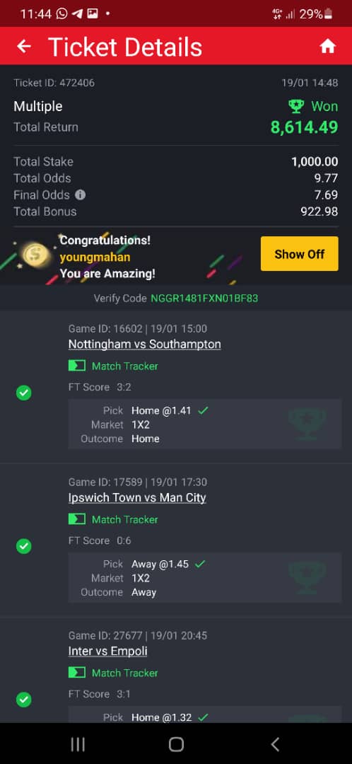 10 odds winning ticket