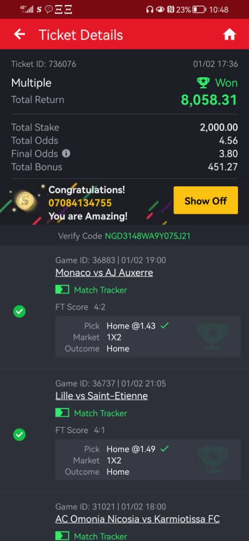10 odds winning ticket